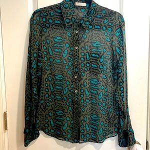 Equipment sheet animal print blouse sz S green/blue/black